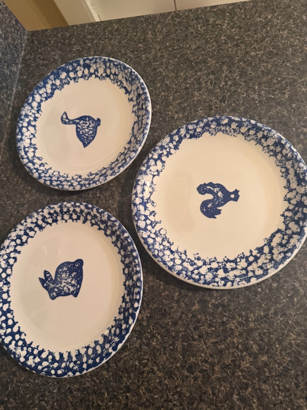 Blue and White Ceramic Fish Dinner Plates - Set of 3